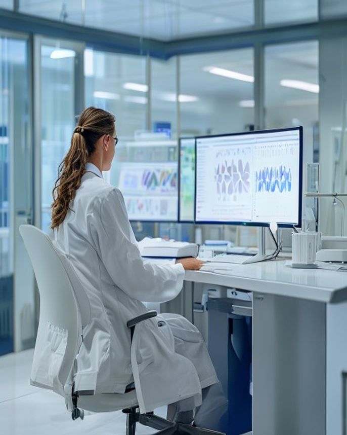 Clinical geneticist reviewing a polygenic risk score and variant report on a clinical workstation monitor